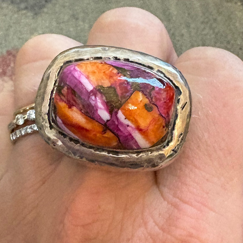 Dian Malouf Silver Ring With Pink And Orange Stone